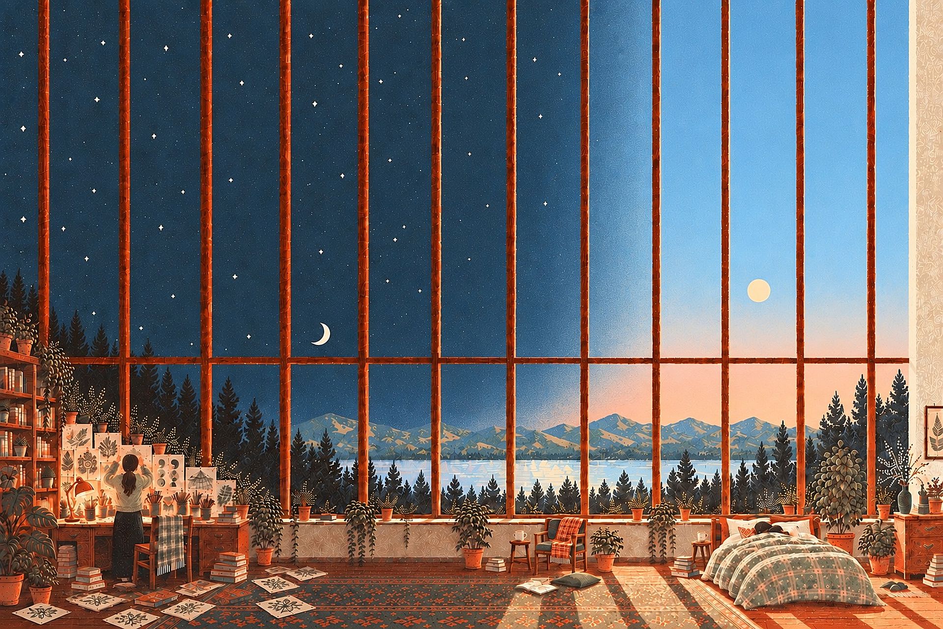 One person by lamplight at night pinning up a wall of their own ideas, and the same person asleep in bed nearby.